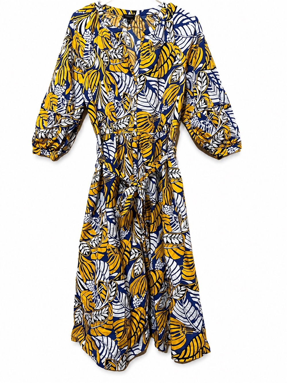 Talbots Leaf Print Tie Waist Midi Dress Women’s Size 12 Blue Yellow 3/4 Sleeve - Picture 3 of 7